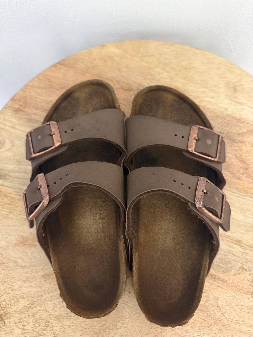 Birkenstock Kids Brown Two-Strap Slide Sandals with Copper Buckles